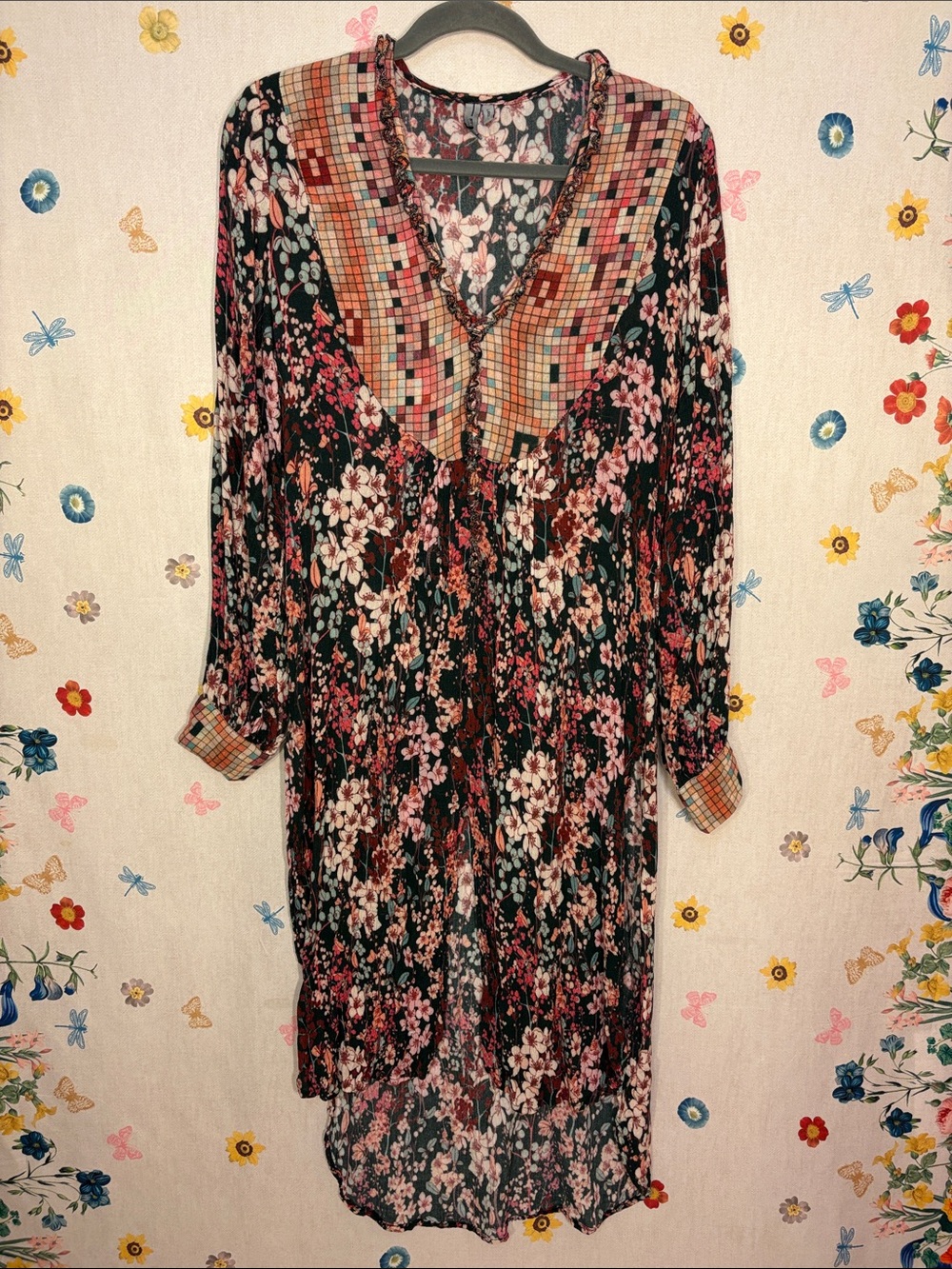 Blank London - Long Sleeve Floral Dress Tunic in Black and Pink Size Large